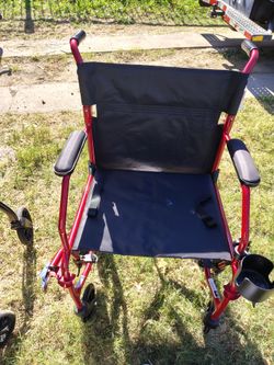 Medline Red Aluminum Transport Chair w/ Brakes, Footrests & Cup Holder