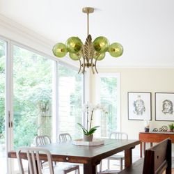 BOKT Brushed Brass Chandelier Gold Leaf 6 Green Glass Globe Hanging Pendant Light Fixture Classic Adjustable Height Medieval Sputnik Chandelier for Ho