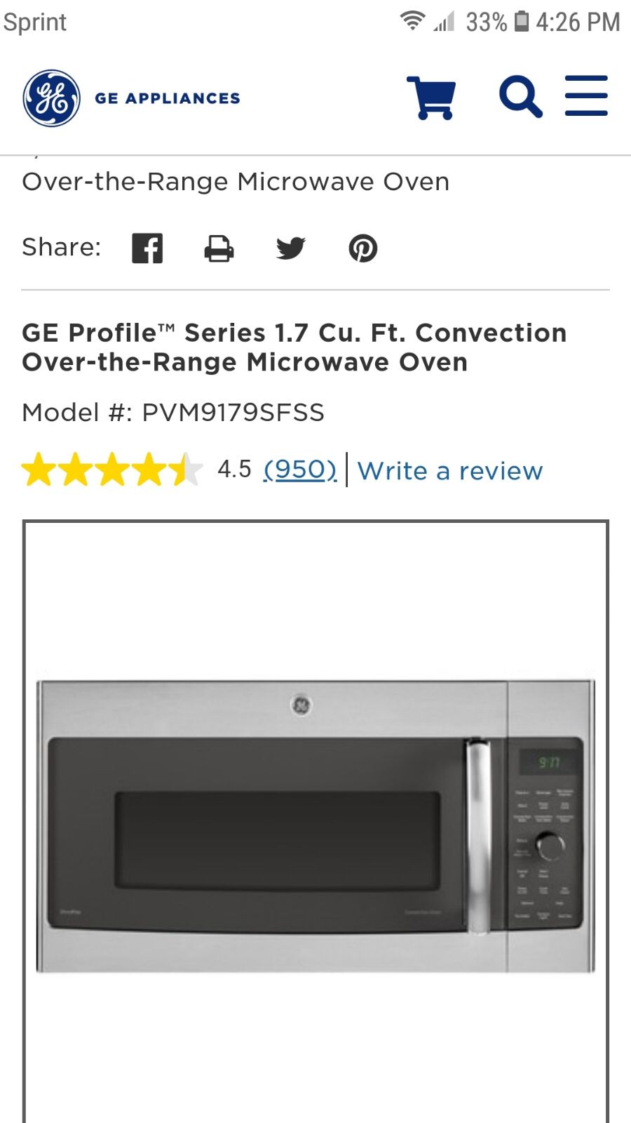 GE Profile OTR Convection Microwave