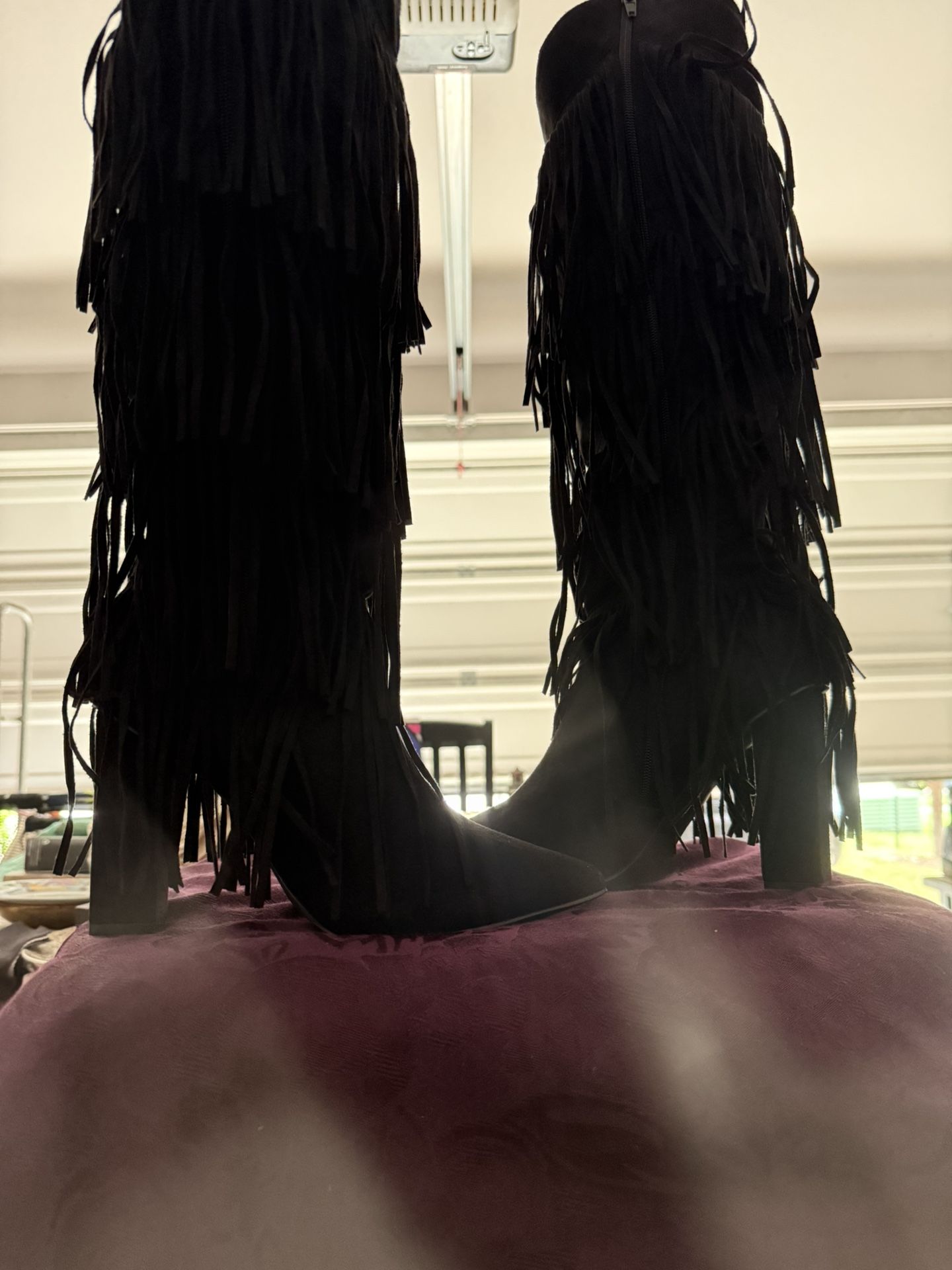 Black Womens Tall Fringe Boots