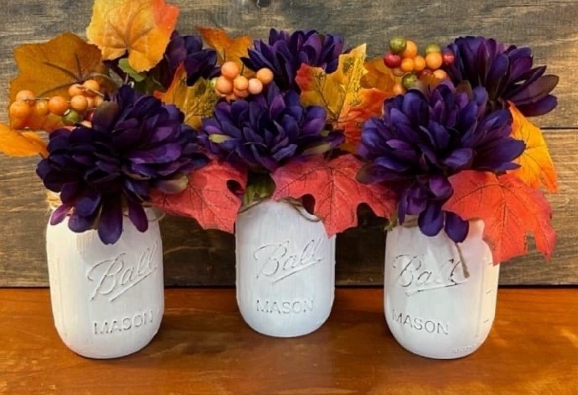 Chalk painted mason jar gift wedding - PURPLE ORANGE GOLD mums fall
