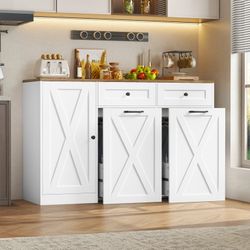 47.2"W Kitchen Sideboard Credenza, Trash Can Cabinets Fits 12.5 Gallon Can, 2 Drawer Wood Buffet Storage Cabinet with Adjustable Shelf, White