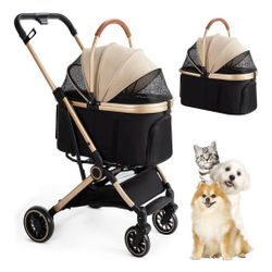 3 in 1 Pet Stroller with 4 Wheels, Foldable Pet Travel Carrier for Small/Medium Dogs Cats up to 50lbs, Detachble Portable Pet Bag, Storage Basket