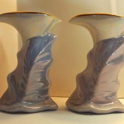 Vintage Pair KASS USA Lusterware and Gilded Gold Calla Lilly Trumpet Vases 1940s