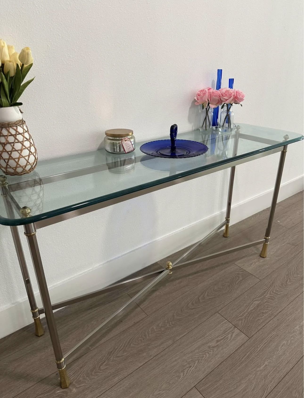 Hollywood Regency Two Tone Chrome And Brass Console Table