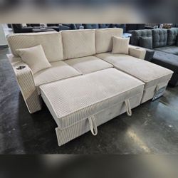 Beige corduroy sectional sofa with pullout sofa with cup holders - 89" × 59"× 36" H