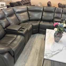 Grey Power Reclining Sectional With Led Lights 