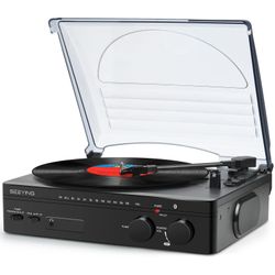 Record Player with Speakers Bluetooth Turntable with FM Stereo Radio Belt-Driven Vinyl Record Player 3-Speed Vintage Portable LP Phonograph Player Sta