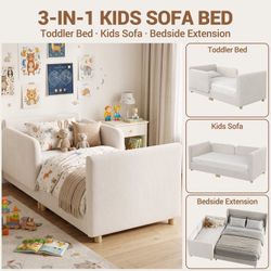 3-in-1 Kids Sofa Bed, Soft Chenille Upholstered Toddler Bed with Padded Edges