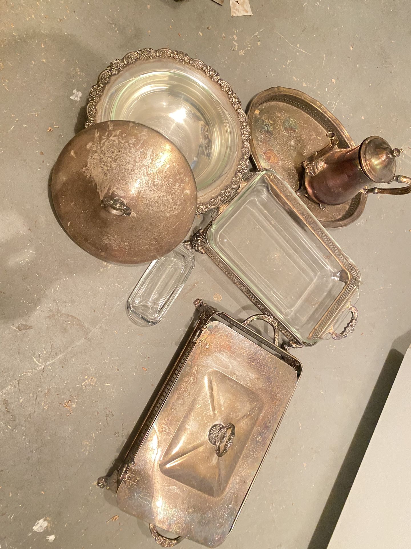 Vintage Silver Plated Tea Serving Set Teapot, Tray, Dishes