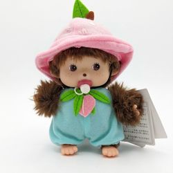 Monchhichi plush doll pink hat pacifier (looks like “Punch” the monkey)