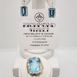 14k Gold 40ctw Top Color Blue Beryl Aquamarine Ring And Earrings Set