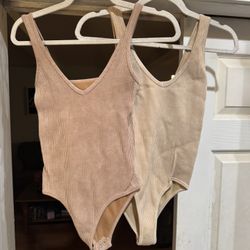 Medium Stretchy Tan And Beige One Piece 