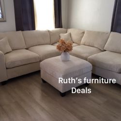 Beautiful Brand New Ivory Corduroy Sectional Sofa With Ottoman 