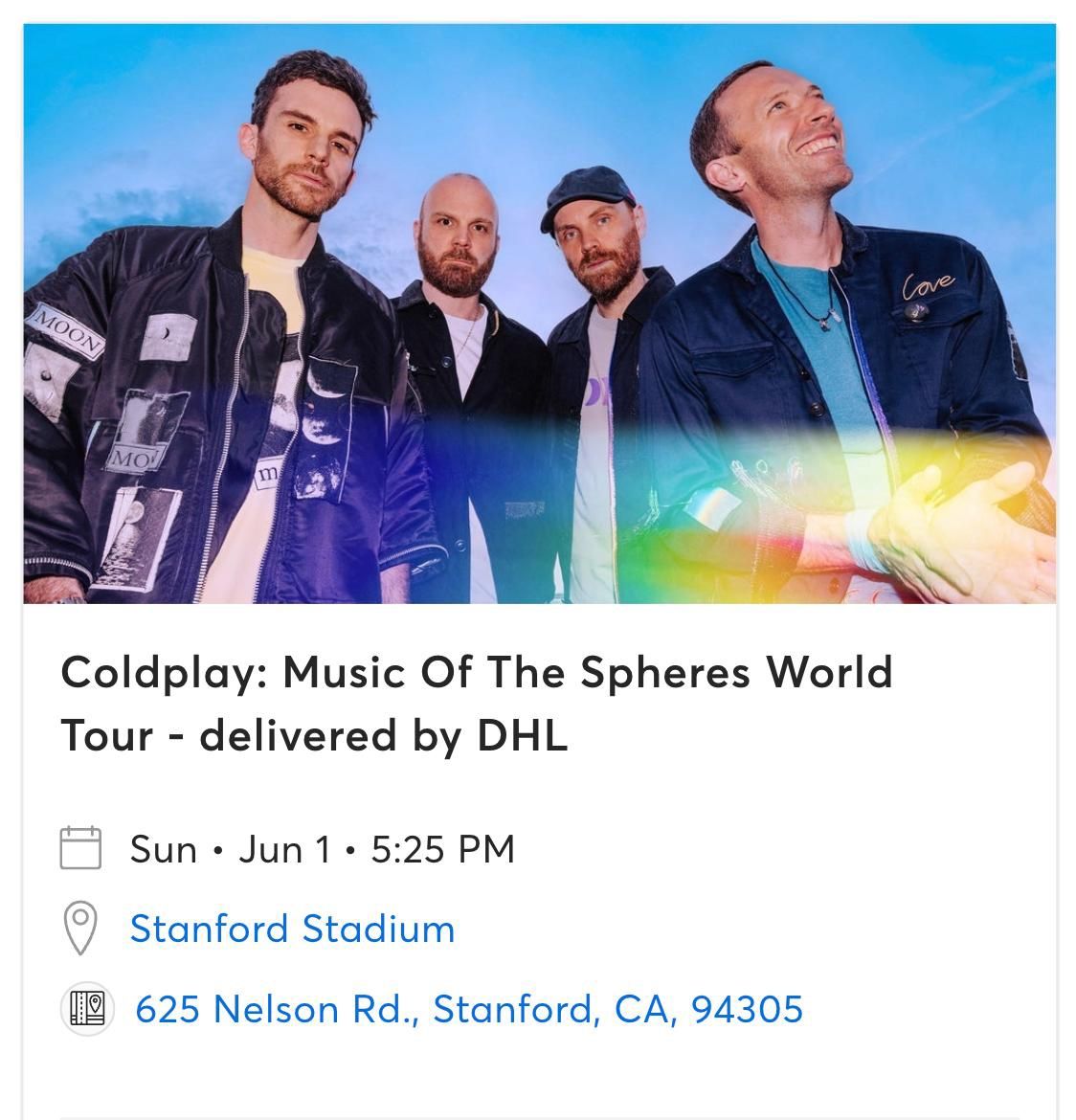 Coldplay Concert Ticket: Stanford Stadium, June 1st 2025