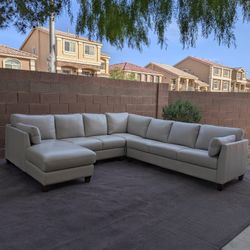 Light Gray Leather Sectional Couch w/ Chaise - Like New - Free Delivery