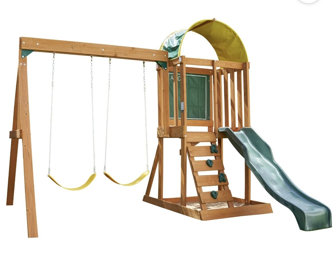 BRAND NEW - KidKraft Ainsley Wooden Outdoor Swing Set with Slide and Rock Wall