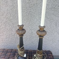 Vintage Hand-Painted Wood Candlestick Lamps – Matching Pair