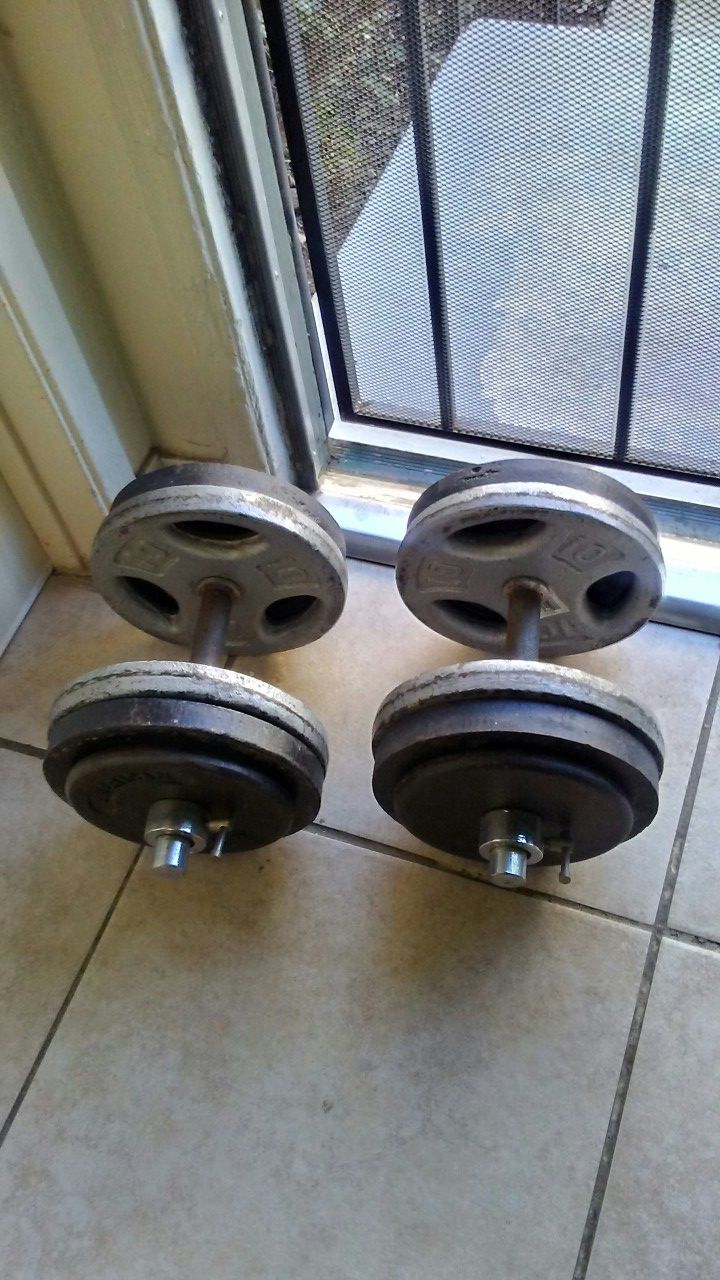 A pair of adjustable 50lb dumbbell weights (100Ibs) total.