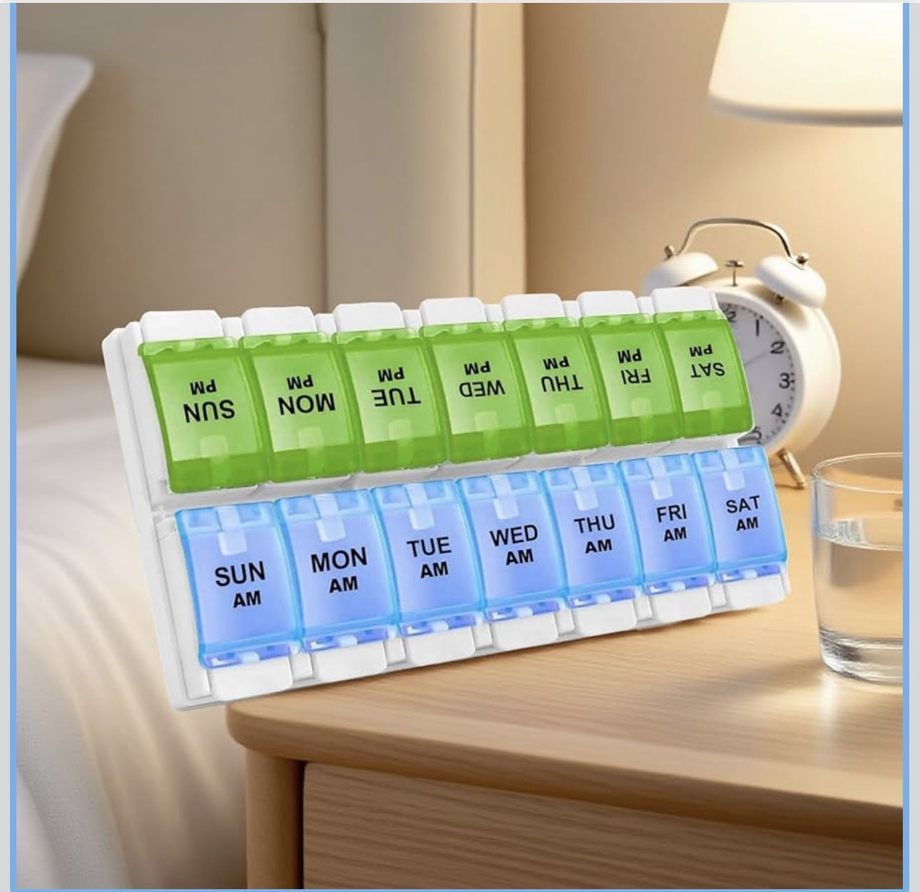 Weekly 7 Day Pill Organizer, 2 Times A Day AM PM Pill Box for Vitamin/Fish Oil/Supplements (Blue&Green)