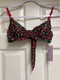 wild fable Black Cherry Print Bikini Top with Red Straps and Green Leaves