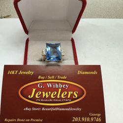 14 Kt Genuine Gold, Blue Topaz & Diamonds Ring 