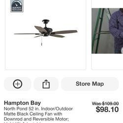 Ceiling Fan, 52” Hampton Bay “ North Pond” Indoor/outdoor Matte Black Finish