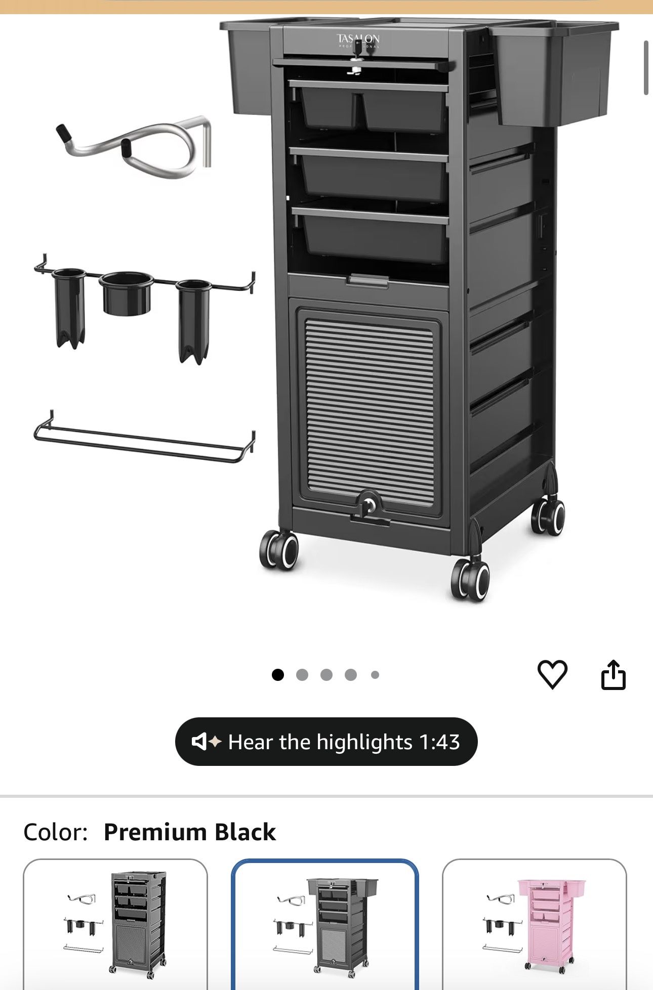 TASALON Professional Rolling Salon Cart, 6-Drawer Storage Trolley with Tool Holders, 33-Inch Height,Barber Shop Hairdressing Beauty Versatile Equipmen