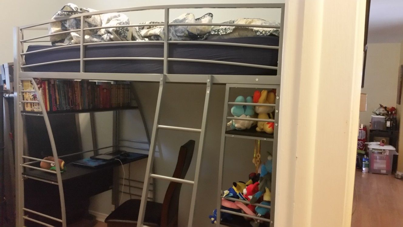 Silver Metal Loft Bed with Desk and Bookshelves