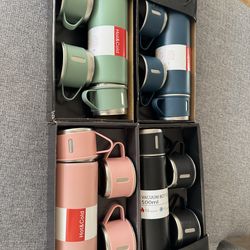 Stainless Steel Vacuum Thermos Set with Cups – Multiple Colors Available (Hot & Cold Bottle)