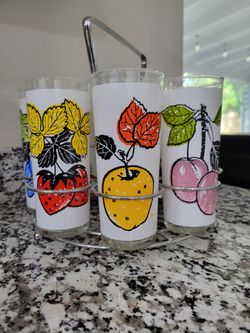 Mid Century Vintage Painted Glassware Set