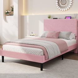 2060  Twin Size Bed Frame, Platform Bed with Adjustable Corduroy Upholstered Storage Headboard and Charging Station, Sturdy Metal Support, Noise Free,