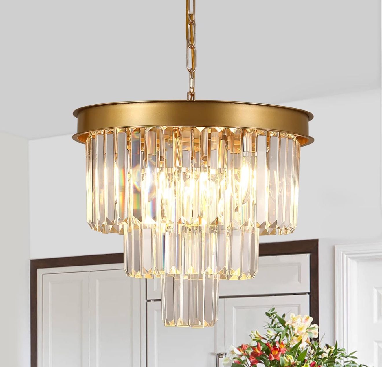 Gold Crystal Chandeliers 16” Modern Ceiling Pendant Light Fixture