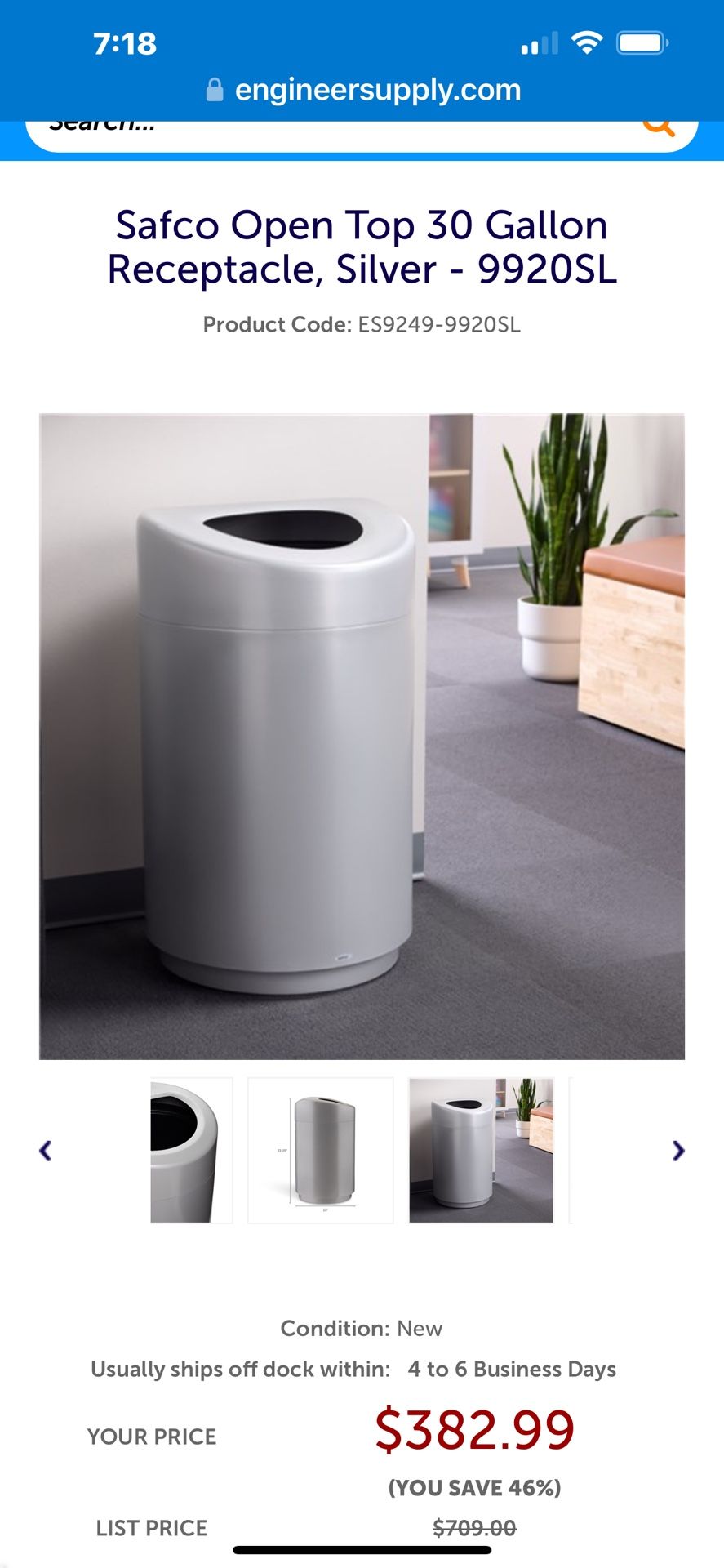 Safco Open Top 30 Gallon Receptacle, NIB