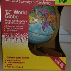 NEW IN BOX GLOBEMASTER 12" WORLD GLOBE RAISED MOUNTAINS.  PICK UP MIDDLEBORO ONLY FINAL SALE 