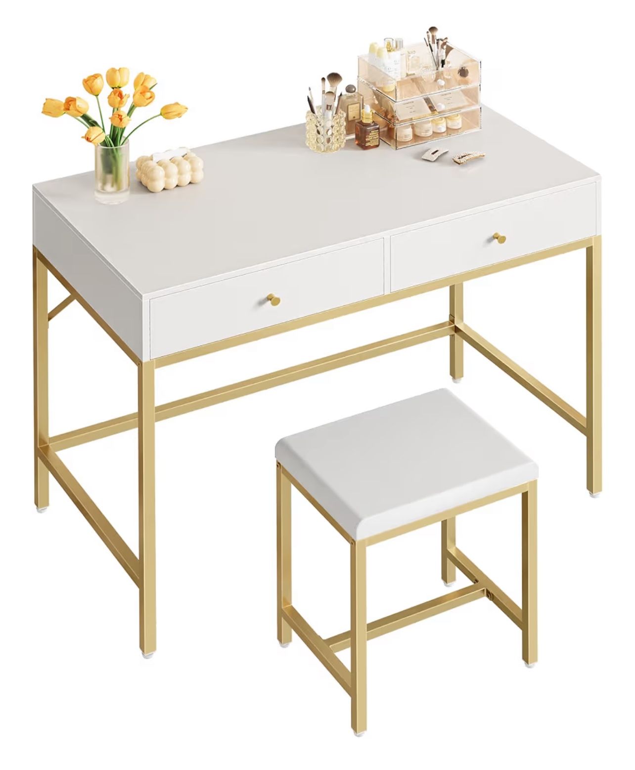 White and Gold Desk with 2 Drawers, Modern Makeup Vanity with Padded Stool, Small Computer Desk Home Office Desk for Writing Study Bedroom