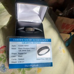 Rhodium & 10k White Gold And Black Dimond Ring 