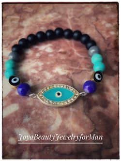 MEN’S BLACK ONYX, TURQUOISE STONES WITH EVIL EYE BRACELET
