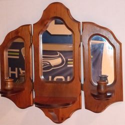 Triple Panel Wood Sconce Mirrored Candle Holder 