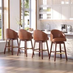 D366-Bar Stools PU Leather / Linen Fabric Upholstered Solid Wood Swivel Barstool Set of 4