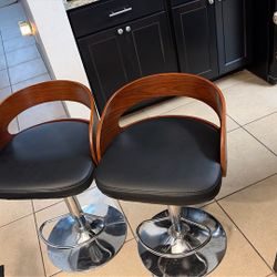 Two, Leather And Wood Adjustable Stools