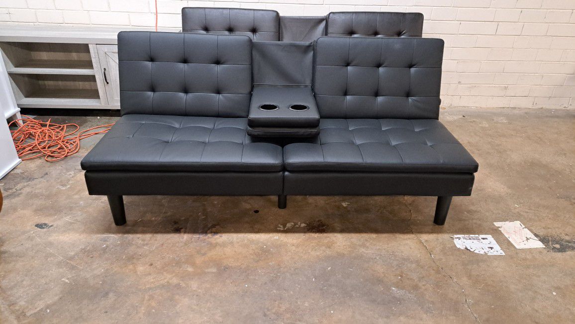 New Futon Sofa With Cup Holders Faux Leather Black See Pictures For Dimensions 