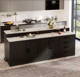 Black Wood Marble Woodgrain Finish 94.5 in. W Kitchen Island Dining Bar Table with Door Cabinet, 4 Drawers,Track Outlets