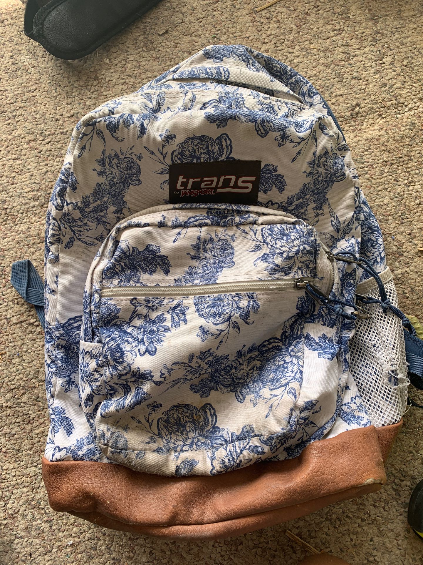 Jansport Trans blue and white with leather accent backpack