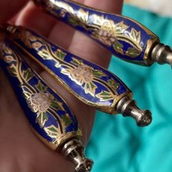 Asian Fork spoon and knife set blue famile Rose enamel inlay gold painted accents   Never used