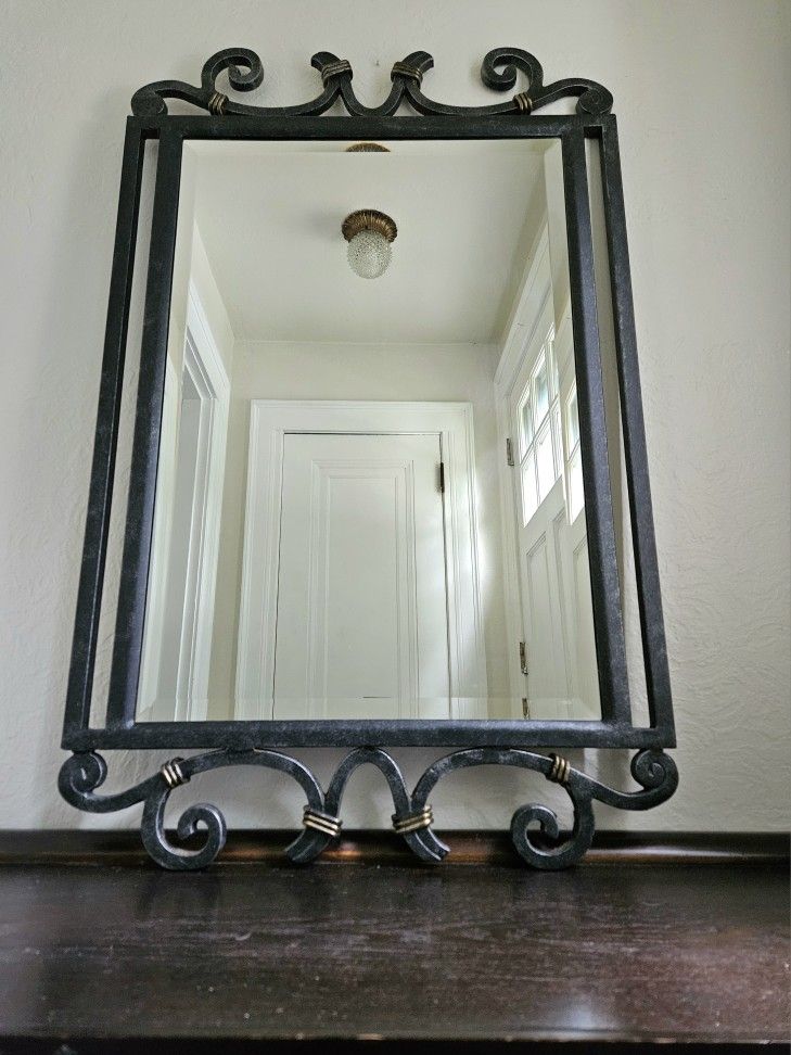 Black Wrought Iron Beveled Hanging Mirror With Scroll Design