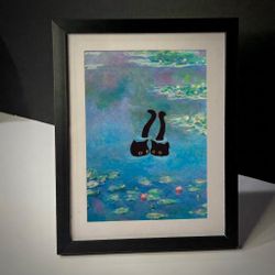 Monet-inspired Framed Impressionism “Black cats in the water lilies” art print
