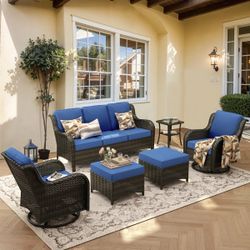 New Kenard Brown 6-Piece Wicker Patio Conversation Set with Navy Blue Cushions and Swivel Rocking Chairs