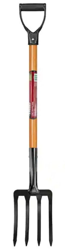 HUSKY 28 in. D-Grip Short Wood Handle 4-Tine Spading Garden Fork