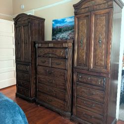 Vintage 3-Piece Wood Bedroom Set - Dresser & Matching Armoires